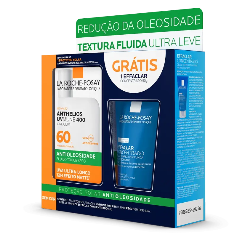 Kit La Roche-Posay Protetor Solar Facial Anthelios UVMune 400 Airlcium Antioleosidade FPS60 50ml + Gel de Limpeza Facial Effaclar Concentrado 50g