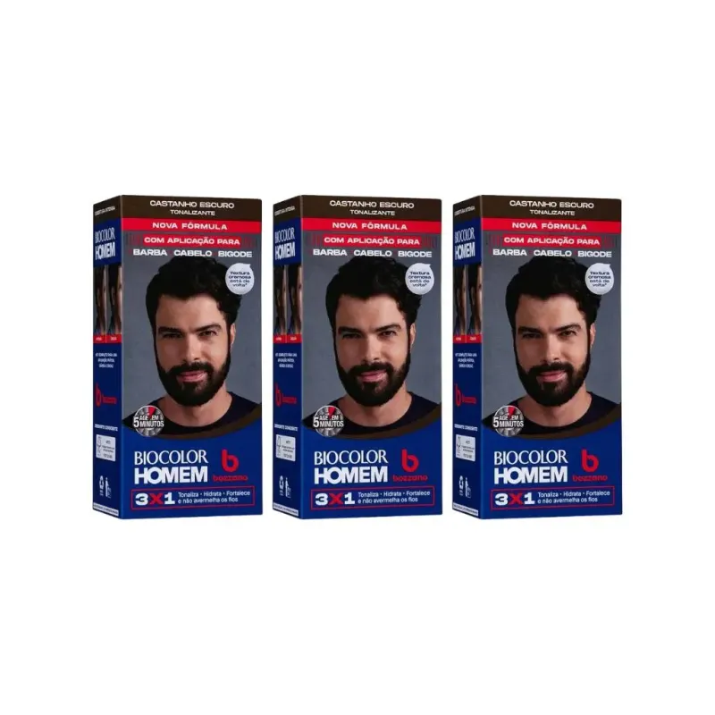 Coloraçao Biocolor Homem Bozzano Castanho Escuro - Kit C / 3un