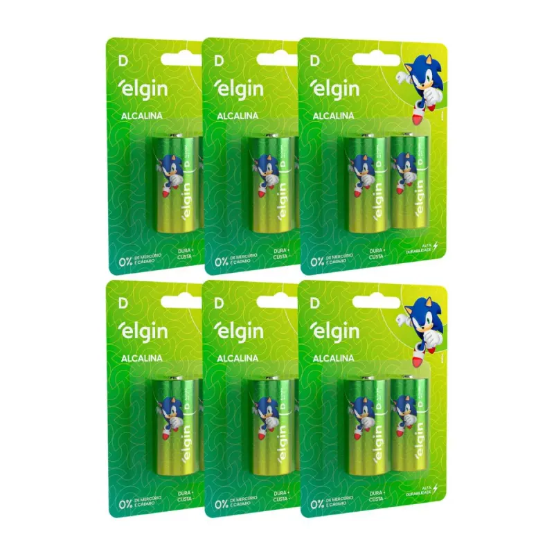 Kit 12 Pilha Alcalina D Lr20 Grande Blister 6 Cartela Elgin