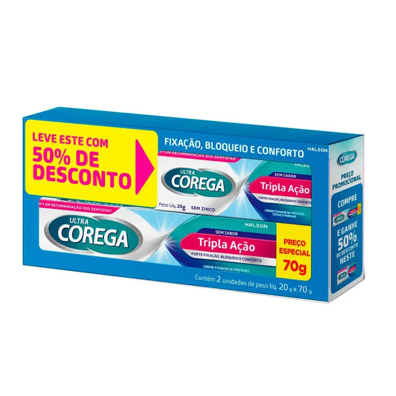 Kit Creme Fixador de Dentadura Ultra Corega Tripla Ação Sem Sabor 70g + 20g
