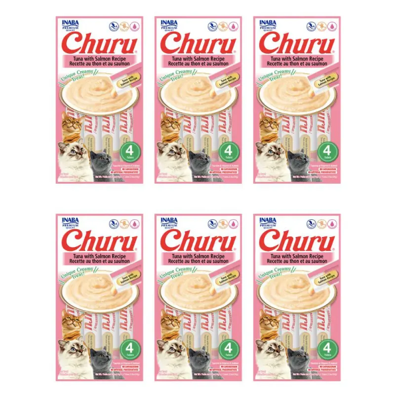 CAIXA 6 UNIDADES PETISCO PURê CHURU ATUM E SALMãO PARA GATOS 56G