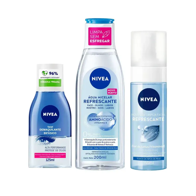 Kit Nivea Demaquilante Bifásico 125ml + Água Micelar 7 em 1 Refrescante 200ml + Mousse de Limpeza Facial 150ml