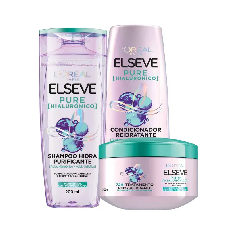 Kit L'Oréal Paris Elseve Pure Hialurônico Shampoo 200ml + Condicionador 200ml + Creme de Tratamento 300g