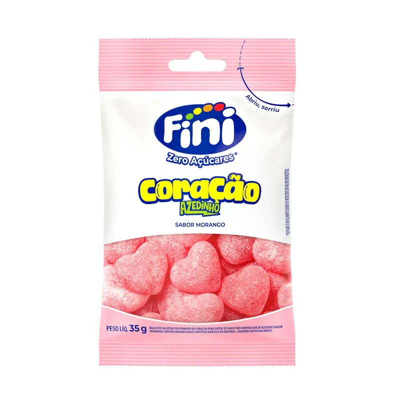 Balas de Gelatina Fini Zero Açúcares Coração Morango Azedinho 35g
