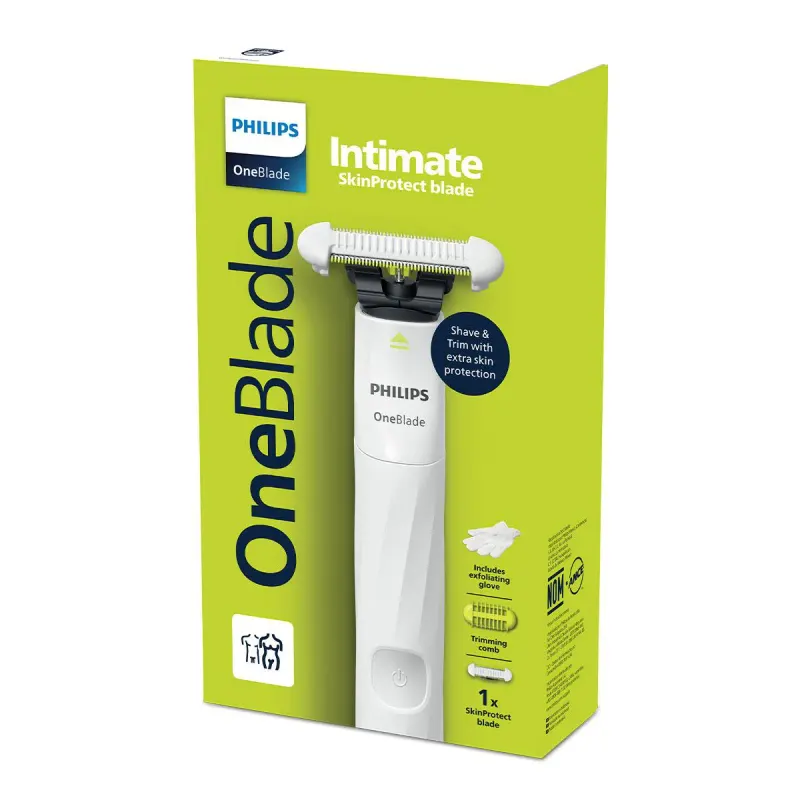Depilador Philips OneBlade Intimate 1 unidade de lâmina Skin Protect + 1 pente corporal 3mm + 1 luva de esfoliação