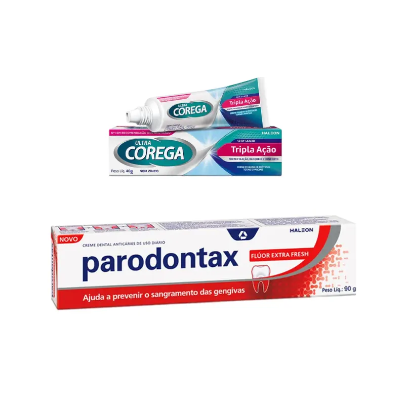 Kit Creme Fixador de Dentadura Ultra Corega Tripla Ação Sem Sabor 40g + Creme Dental Parodontax Flúor Extra Fresh 90g