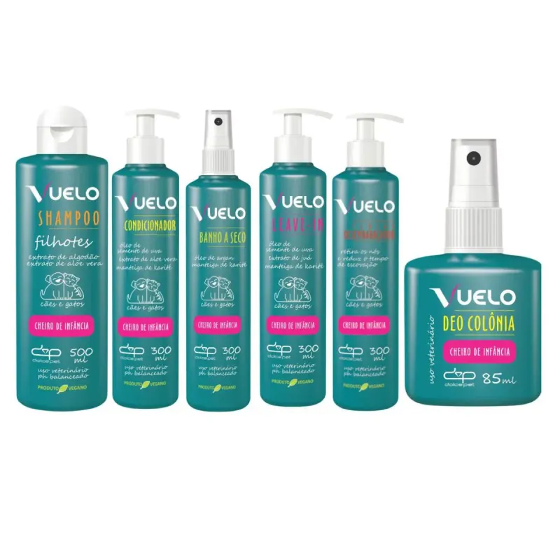 Kit Dolce Pet Shampoo Filhotes + Condicionador + Banho Á Seco + Leave-In + Fluido + Colônia Cheiro de Infância