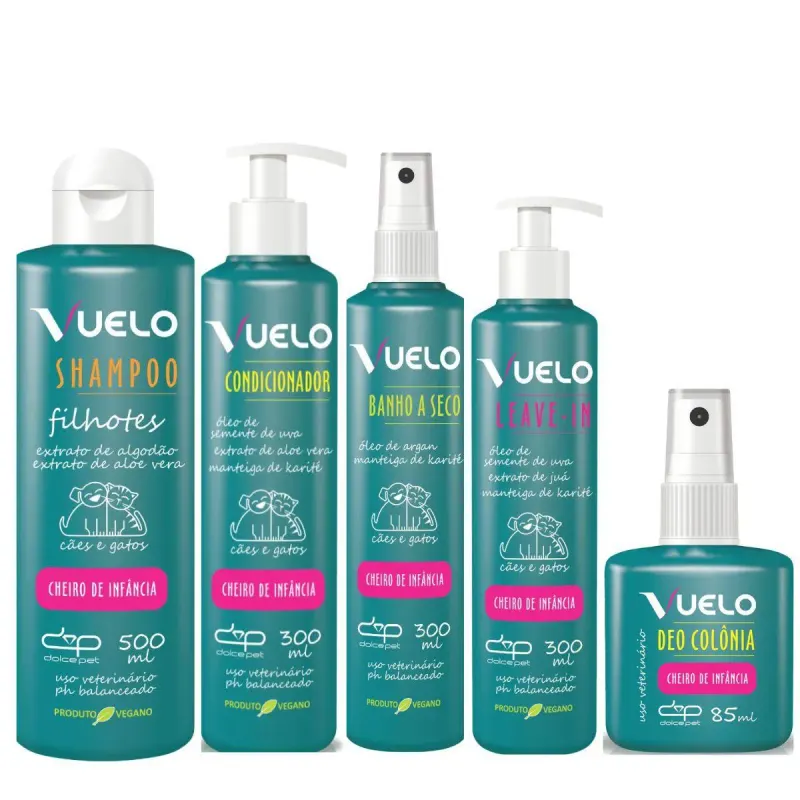 Kit Dolce Pet Shampoo Filhotes + Condicionador + Banho Á Seco + Leave-In + Deo Colônia Cheiro de Infância P/Cães e Gatos