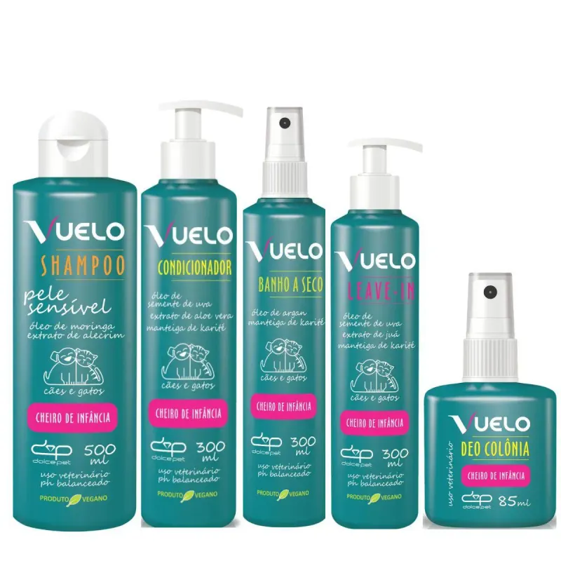 Kit Dolce Pet Shampoo Pele Sensível + Condicionador + Banho Á Seco +Leave-In+Deo Colônia Cheiro de Infância Cães e Gatos