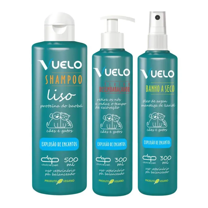 Kit Vuelo Shampoo Liso + Fluido Desembaraçador + Banho a Seco Explosão de Encantos para Cães e Gatos