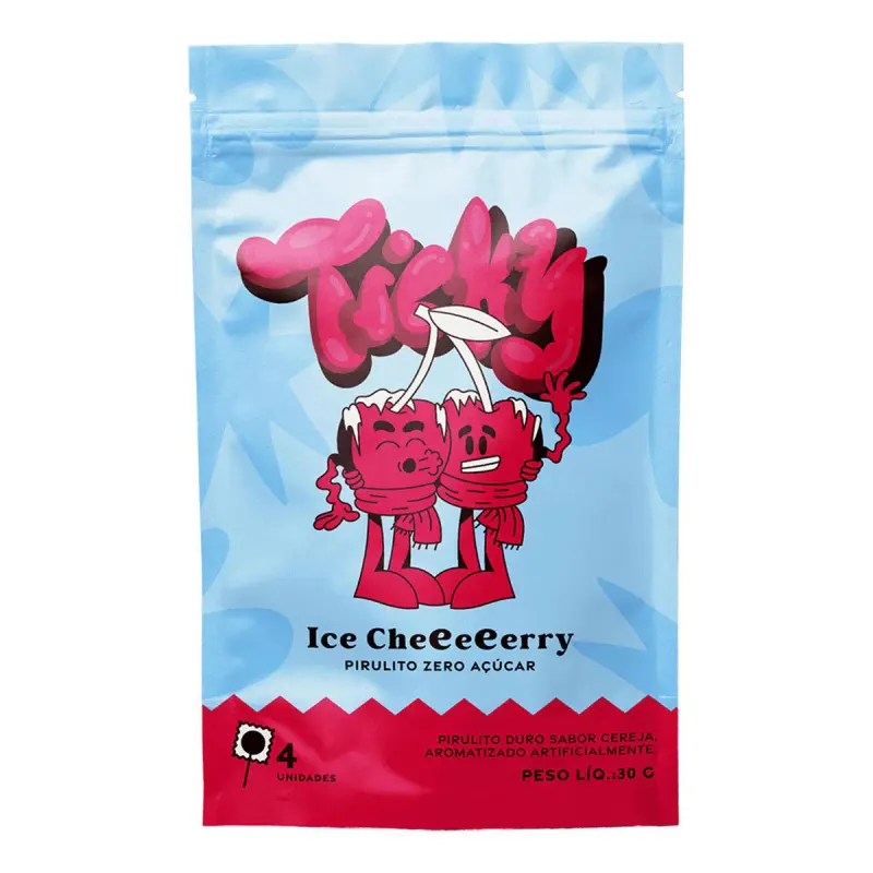 Pirulito Ticky Zero Açucar Ice Cherry Pouch 4 unidades
