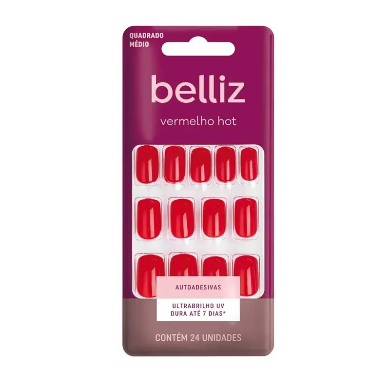 Unhas Postiças Autoadesivas Belliz Vermelho Hot 24 Unidades