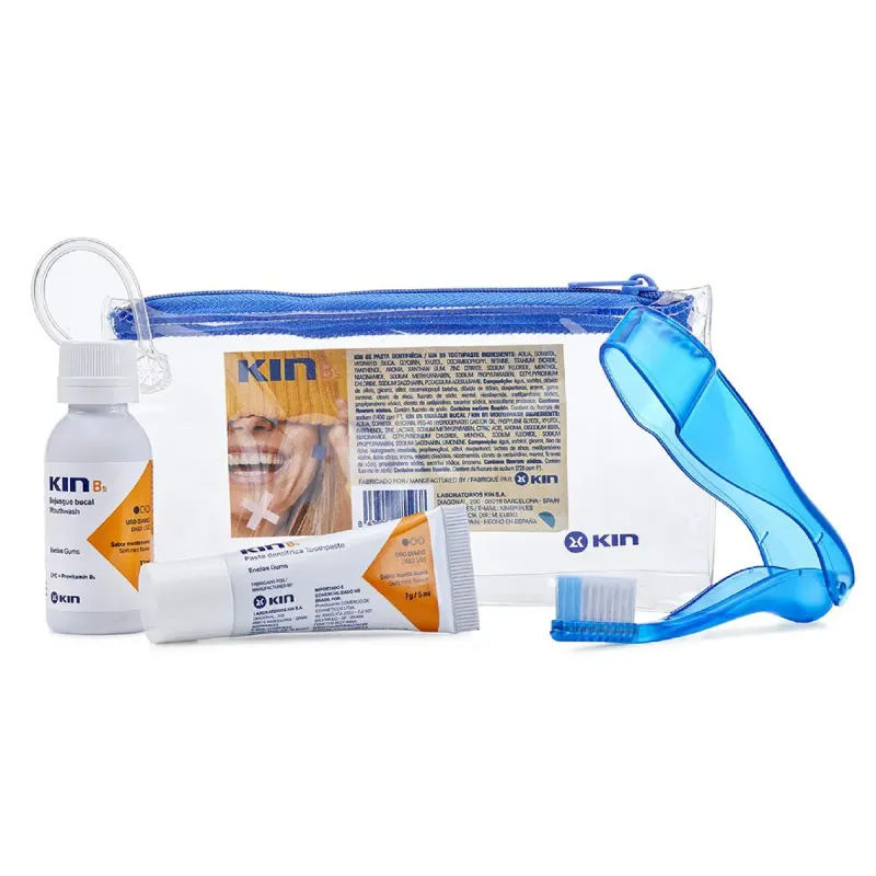 Kit Viagem Kin B5 Enxaguante Bucal 12ml + Pasta de Dente 7g + Escova de Dente + Necessaire
