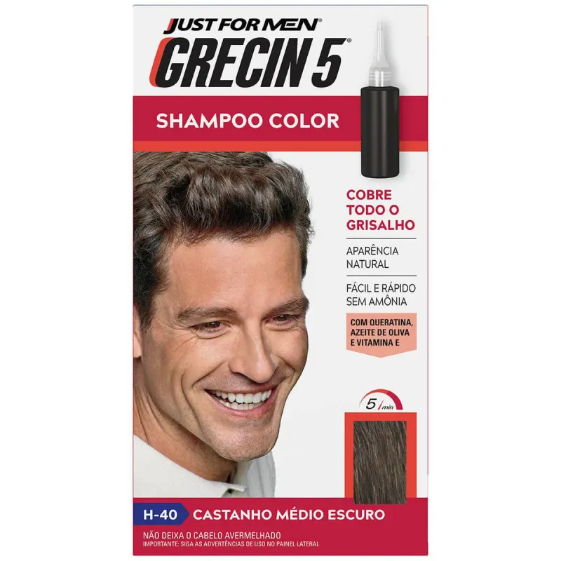 Shampoo Tonalizante Color Just For Men Grecin 5 - H-40 Castanho Médio Escuro