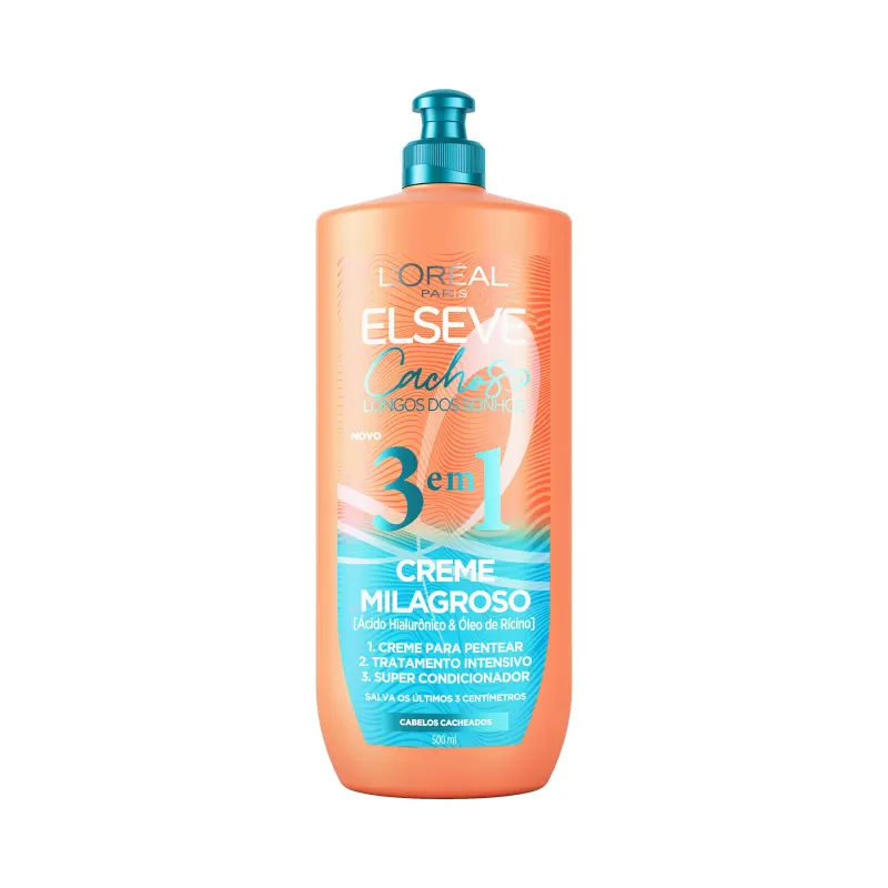 Creme Milagroso 3 em 1 Cabelo Cacheado L'Oréal Paris Elseve Cachos Longos dos Sonhos Definição e Hidratação Multifuncional 500ml