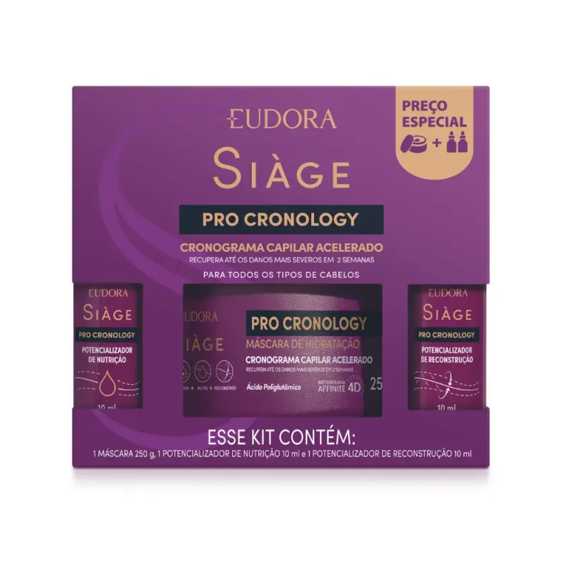 Kit Siàge Pro Cronology Máscara de Hidratação 250g + Potencializador de Nutrição 10ml + Potencializador de Reconstrução 10ml