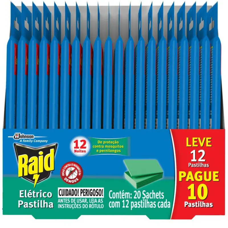 Repelente Elétrico Raid Pastilha 12 Noites Óleo de Eucalipto Leve 12 Pague 10 unidades Refil