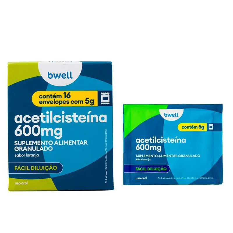 Acetilcisteína 600mg Laranja bwell 16 Envelopes com 5g cada