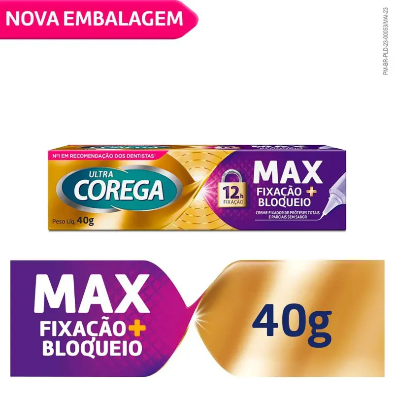 Creme Fixador de Dentadura Ultra Corega Max Fixação + Bloqueio Sem Sabor 40g
