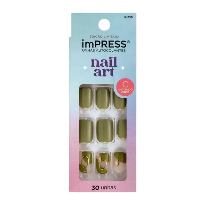 Unhas Autocolantes Kiss Impress Nail Art Before Sunrise Quadrado Curto C/30un Im35b